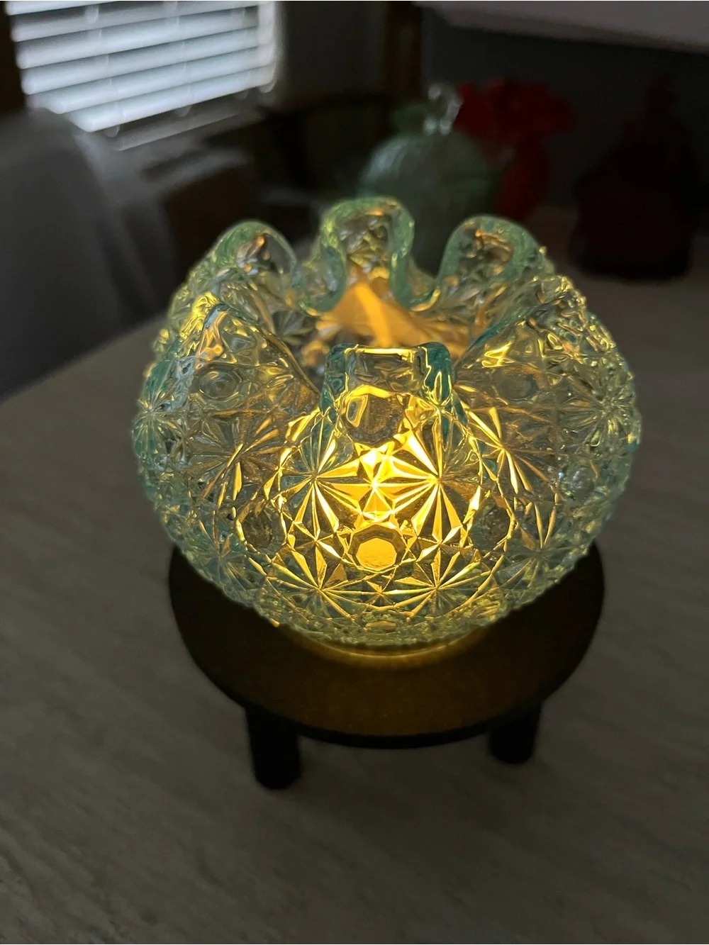 Vintage Blue Daisy and Button Glass Vase Styled as a Fairy Lamp